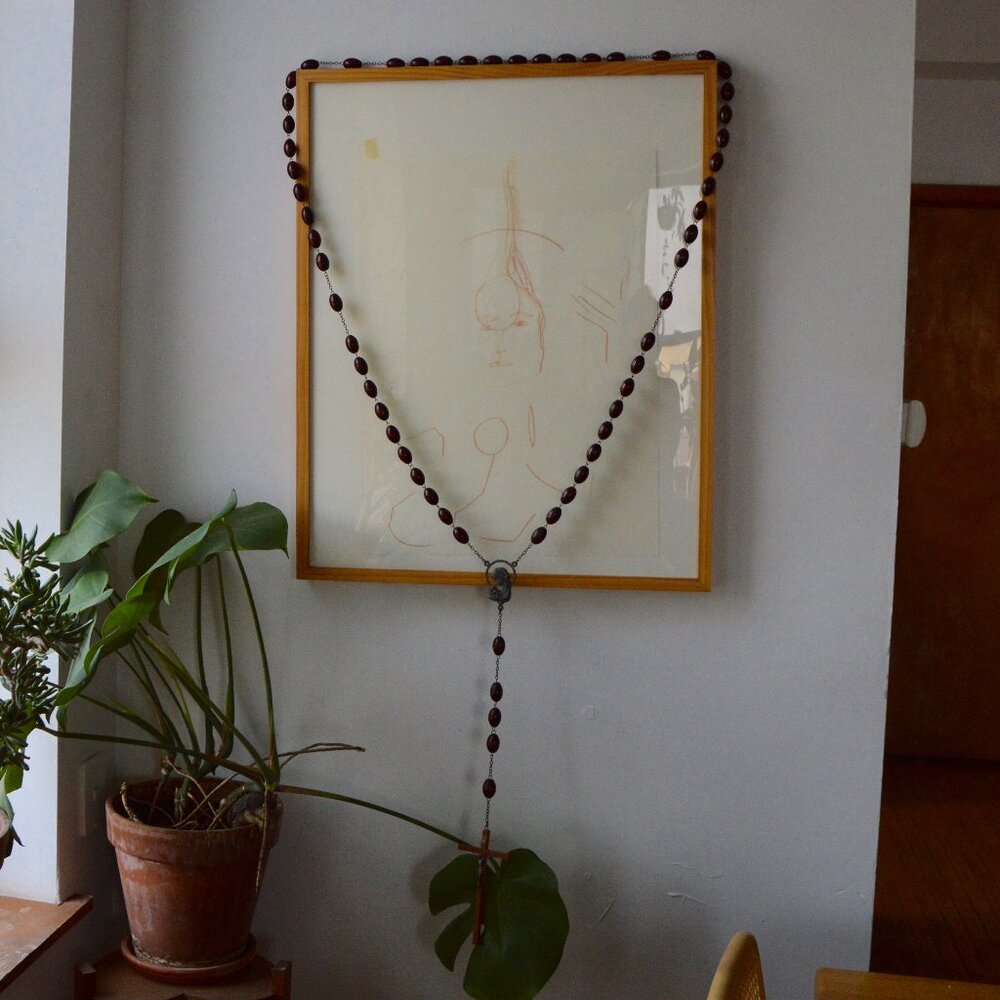 Giant Vintage 80s Rosary w Wooden Beads Metal Embellishments, Wooden Cross, INRI